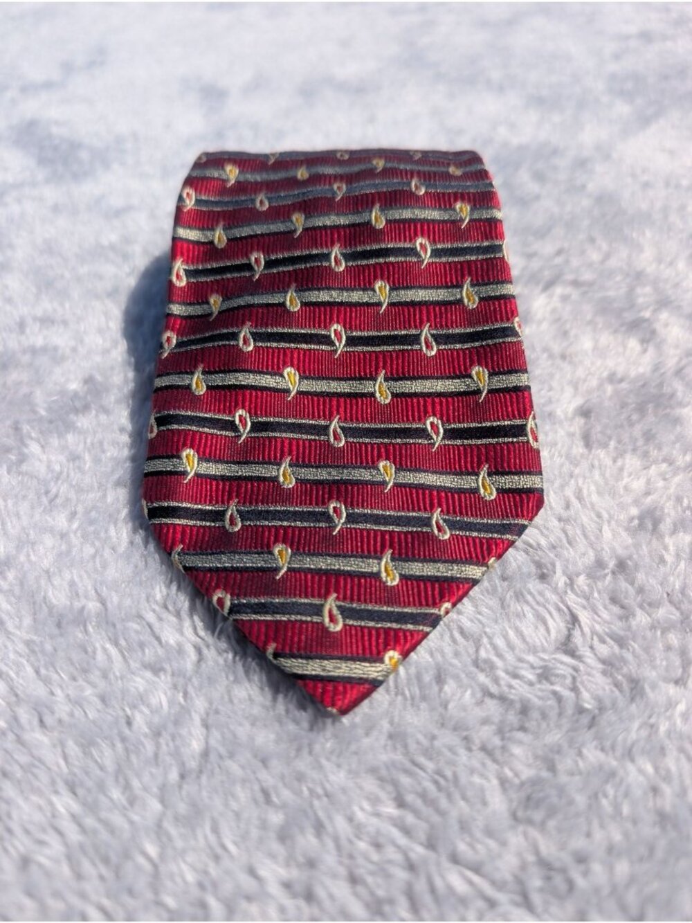 Mark Pendleton Red Silk Tie With Yellow & Silver Stripe Design Handmade In Italy
